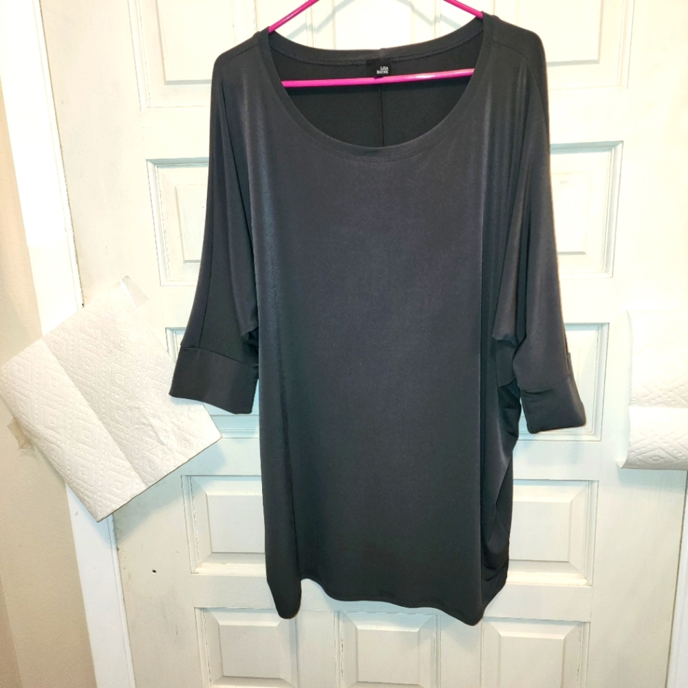 Lisa Bayne XXL women top round neck Dolman sleeve dark green gray roomy fit